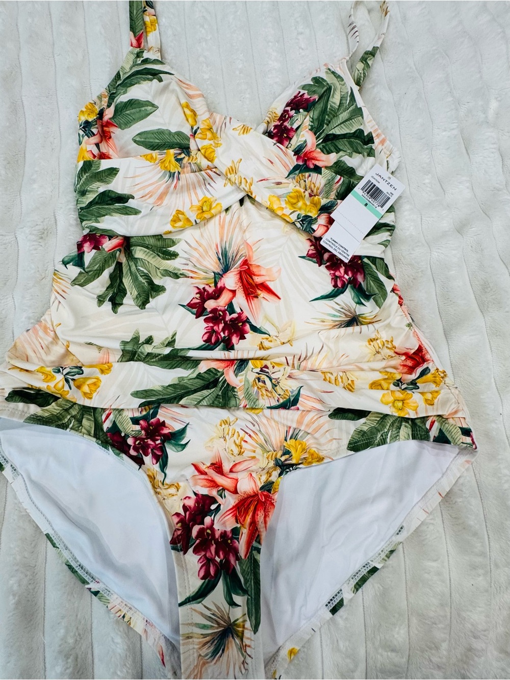 Floral One-Piece Swimsuit in White with Multicolor Tropical Print - Picture 2 of 3